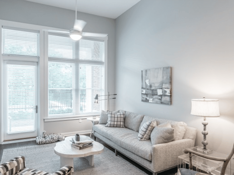 Living Room Area In A Harpeth Square Apartment. It Has A Dark Gray Sofa, Colored Pillows, A Coffee Table, And Windows That Look To The Balcony.