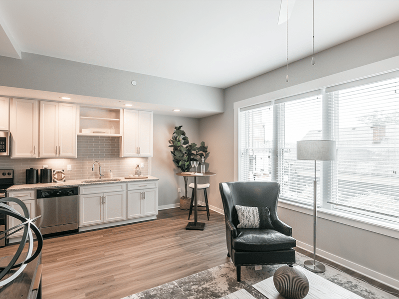 Living And Kitchen Area In Harpeth Square. It Has A Black Chair, White Cabinets,a Sink And Windows Looking To The Outside.