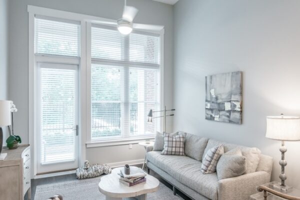 A Living Room In A Harpeth Square Apartment. It Has White Walls, Grey Sofa, And Elegant And Comfy Decor.