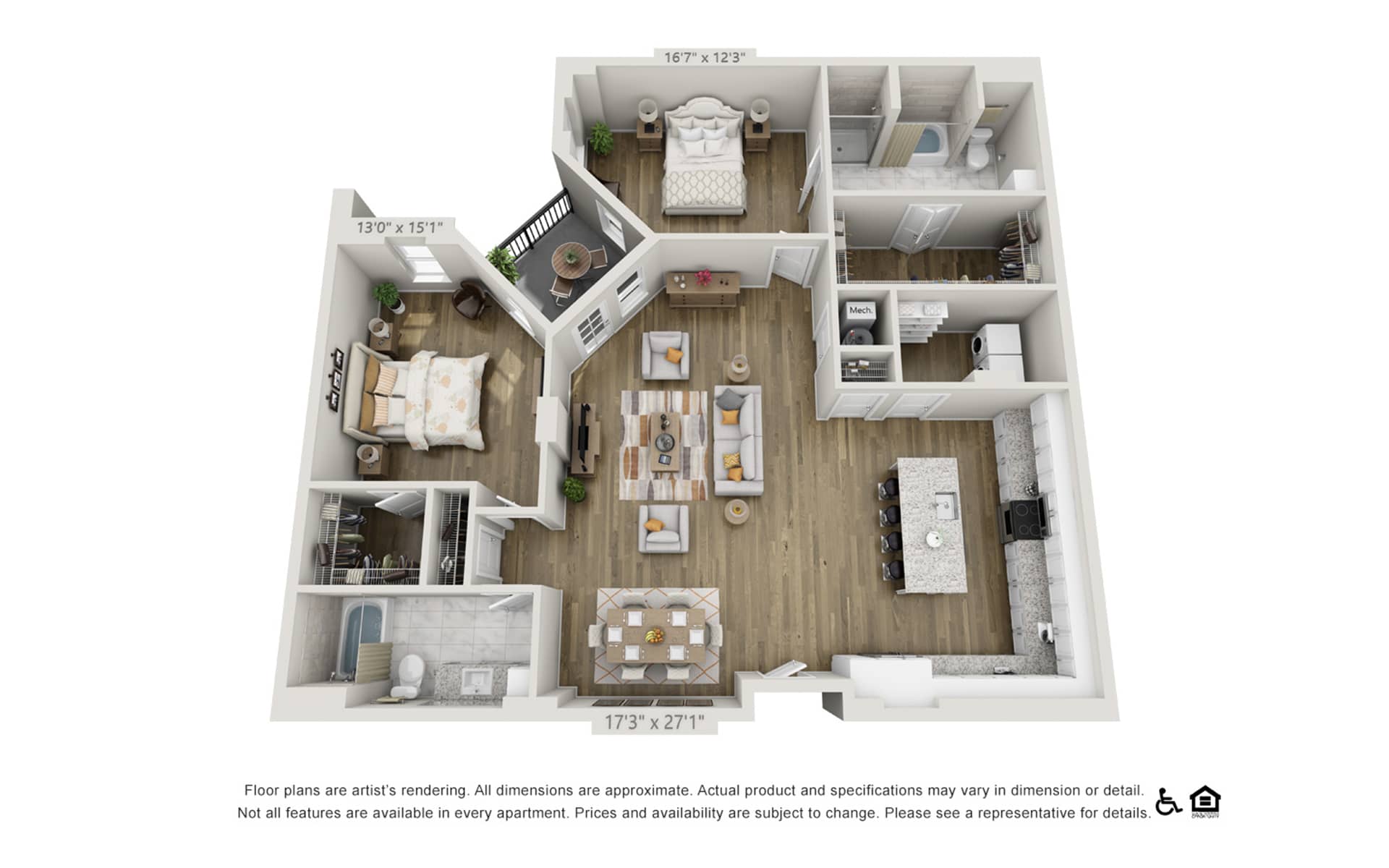 Floor Plans Rendered Of A Two-bedroom Apartment With A Balcony And A Large Space In The Kitchen Area In Harpeth Square