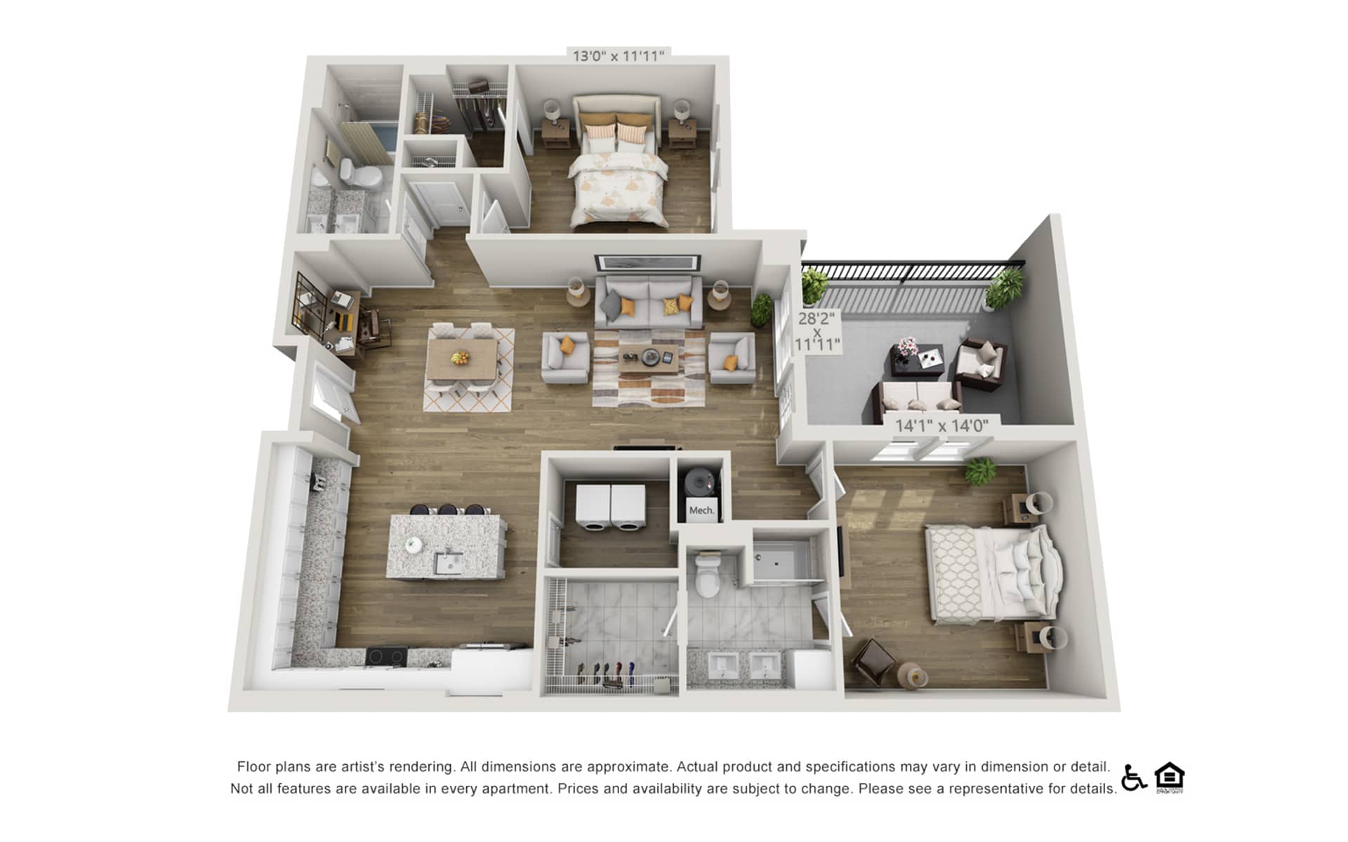 Floor Plans Rendered Of A Two-bedroom Apartment With A Balcony In Harpeth Square