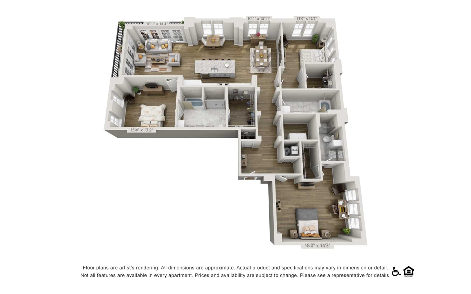 Floor Plans Rendered Of A Three-bedroom Apartment And A Large Space In The Kitchen Area In Harpeth Square