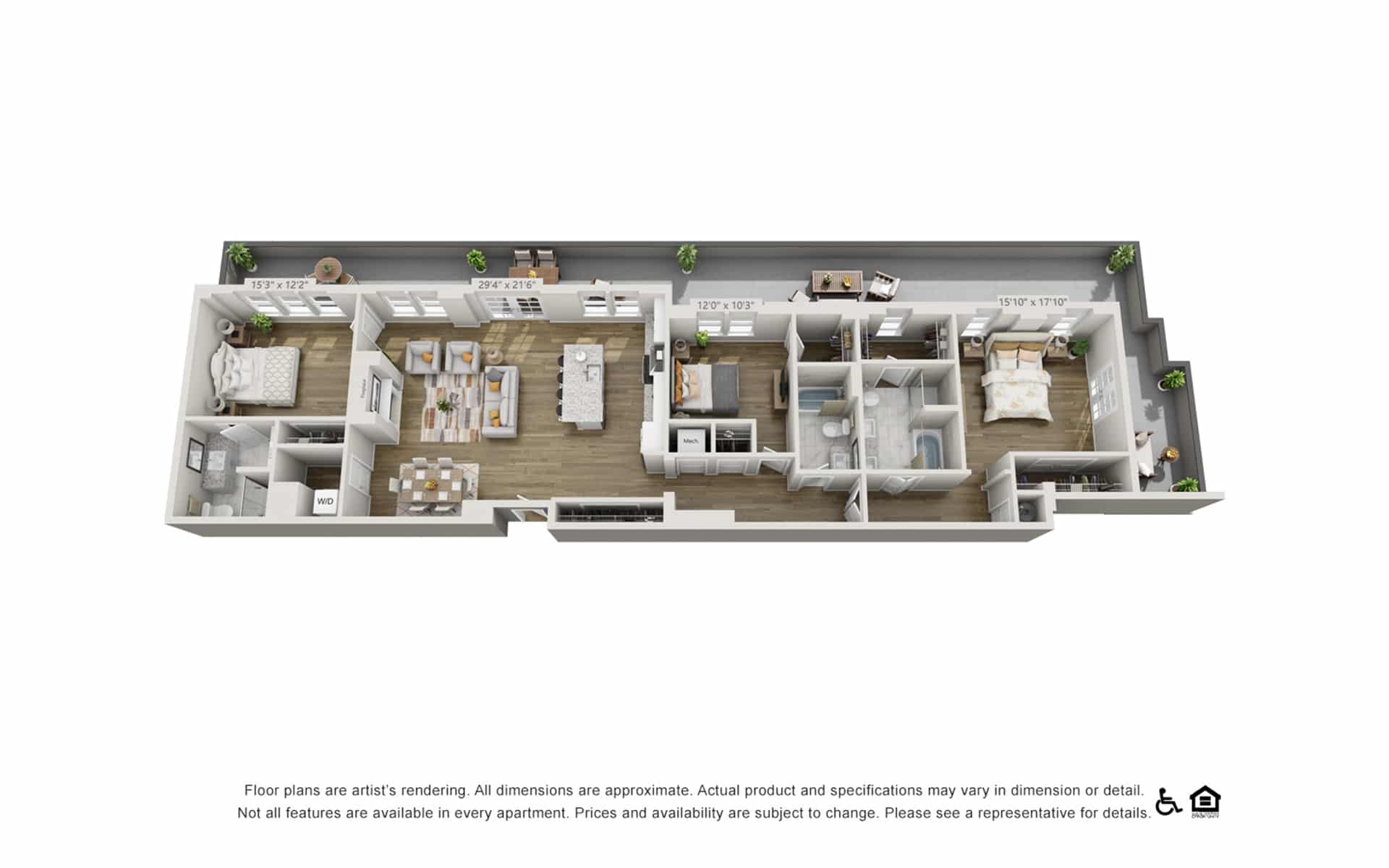 Floor Plans Rendered Of A Three-bedroom Apartment With A Balcony And A Large Space In The Kitchen Area In Harpeth Square