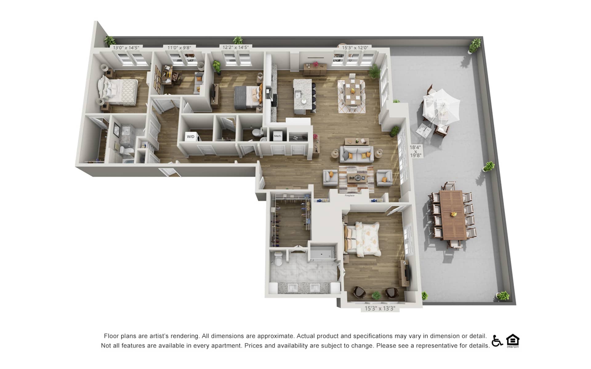 Floor Plans Rendered Of A Three-bedroom Apartment, A Large Space In The Kitchen Area, And A Large Outdoor Space In Harpeth Square