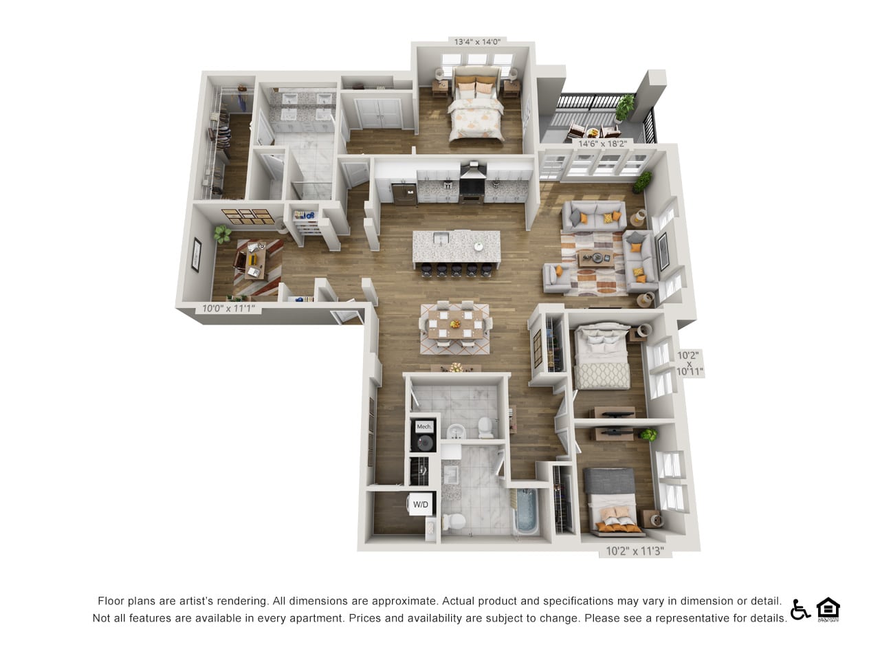 Floor Plans Rendering Of A House With Three Bedrooms, Kitchen, And Two Wash Rooms.
